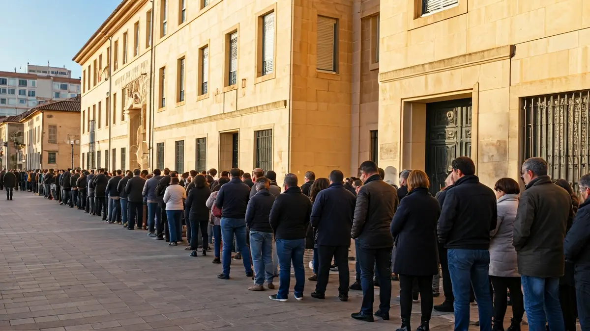 Generic image of people queuing in front of a municipal building.