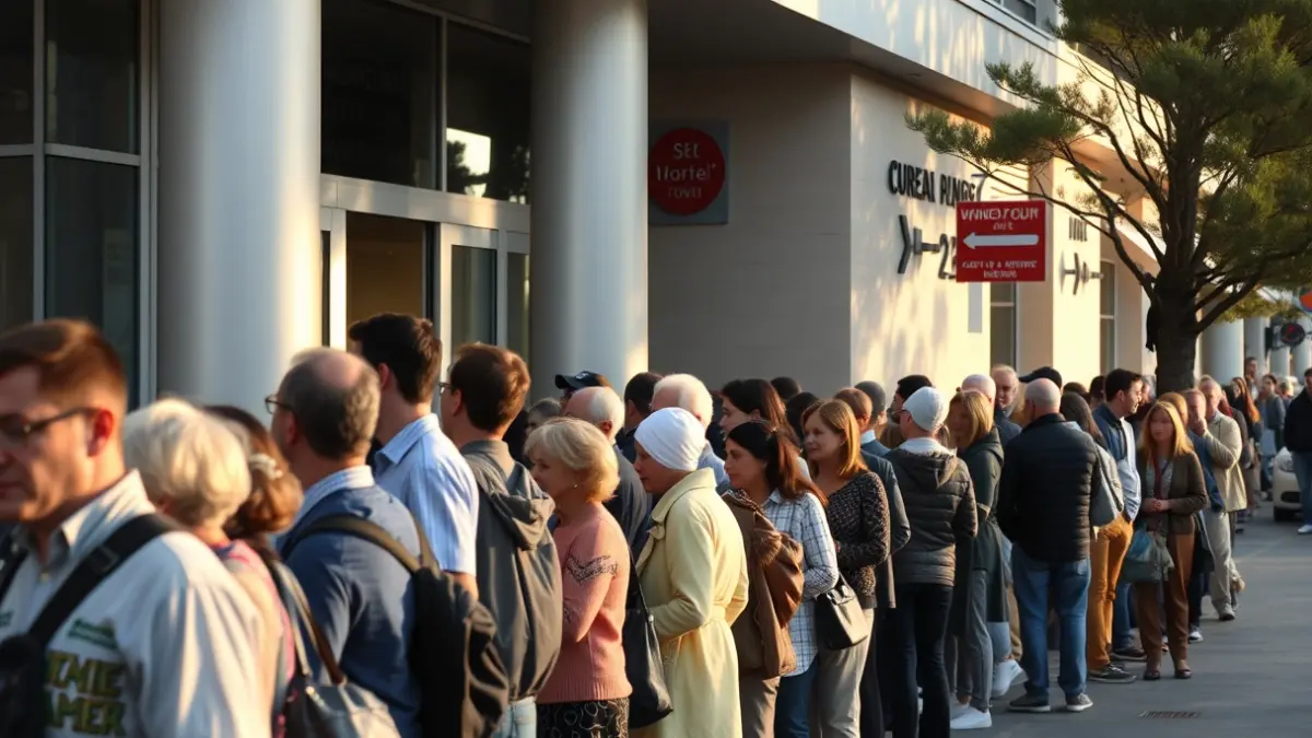 Imatge genèrica d'una cua de persones esperant enfront d'un edifici municipal.