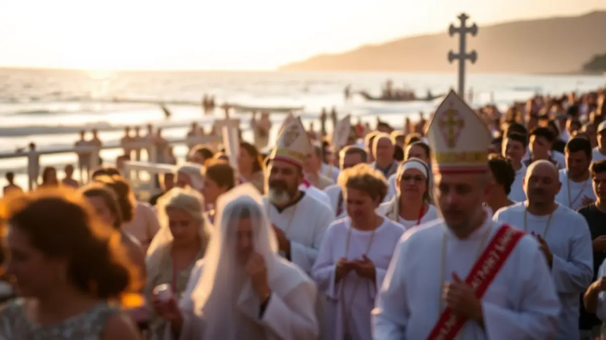 Imagen de la procesión de la Aurora de San Antonio en una playa valenciana al amanecer.