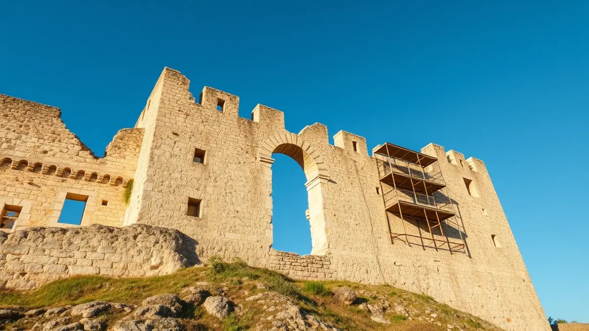 Image of the Cullera Castle wall under restoration.