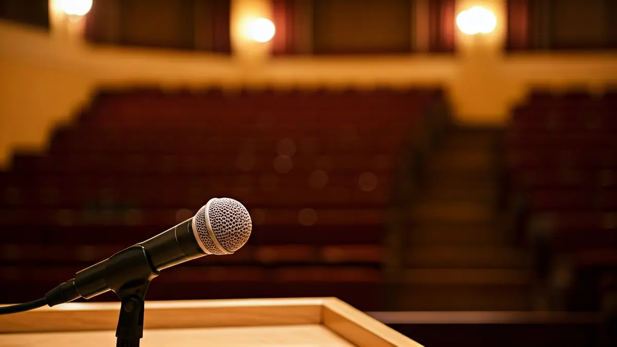 Imagen genérica de un micrófono en un podio en un teatro, con asientos vacíos desenfocados al fondo.