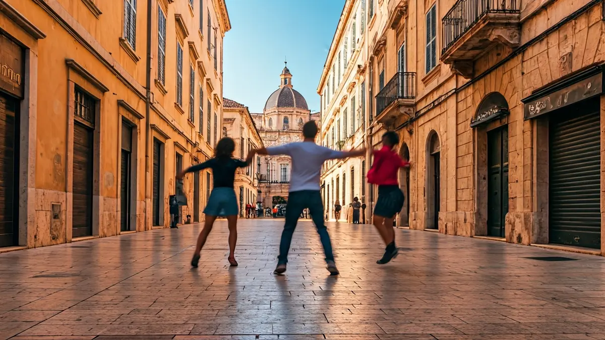 Image of an urban dance scene in a street of Valencia, with dancers in motion and historic buildings in the background.