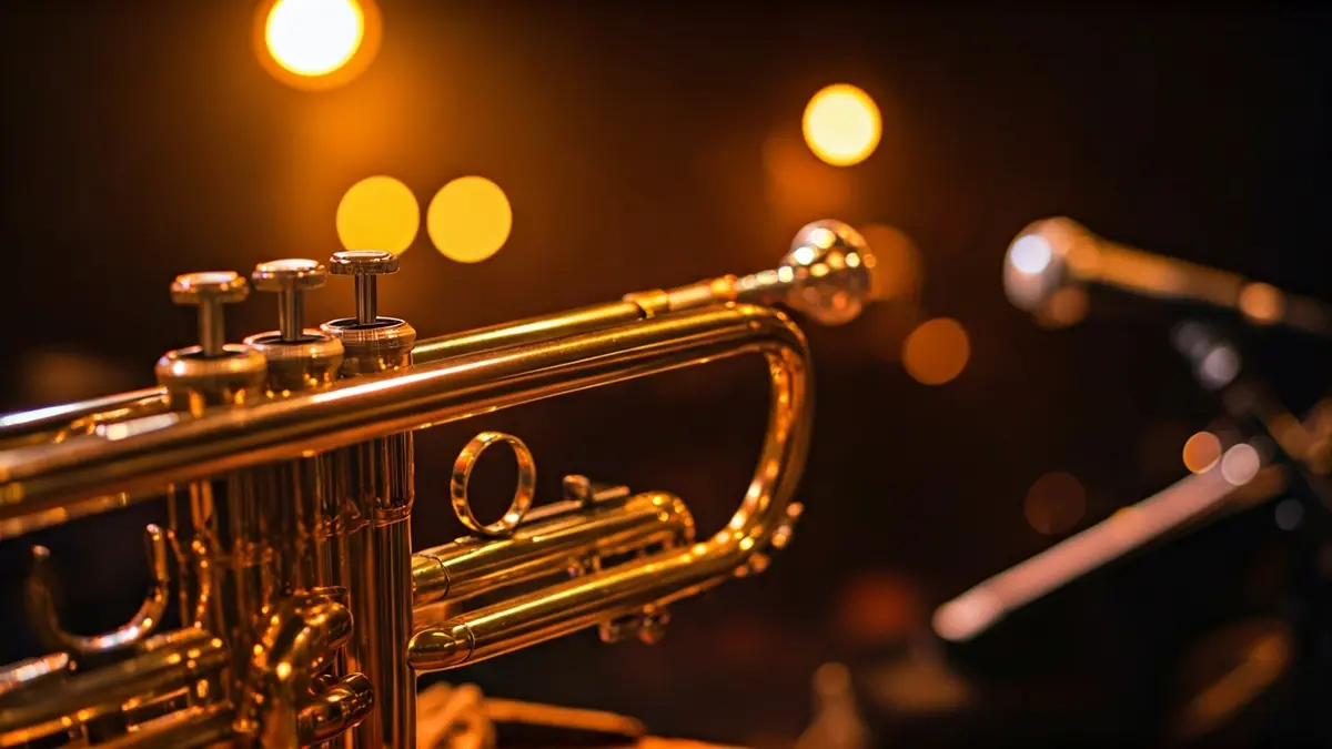 Imatge genèrica d'una trompeta en un escenari de jazz, amb llums càlides.