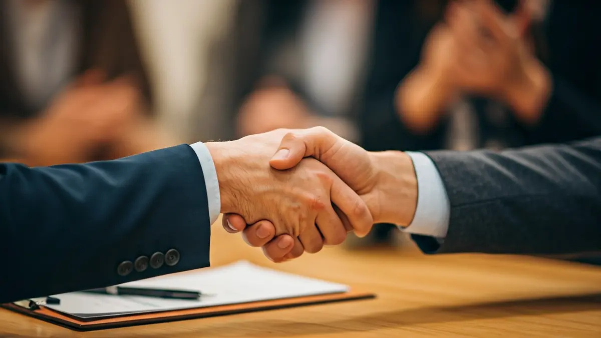 Generic image of two hands shaking over a desk, symbolizing collaboration.