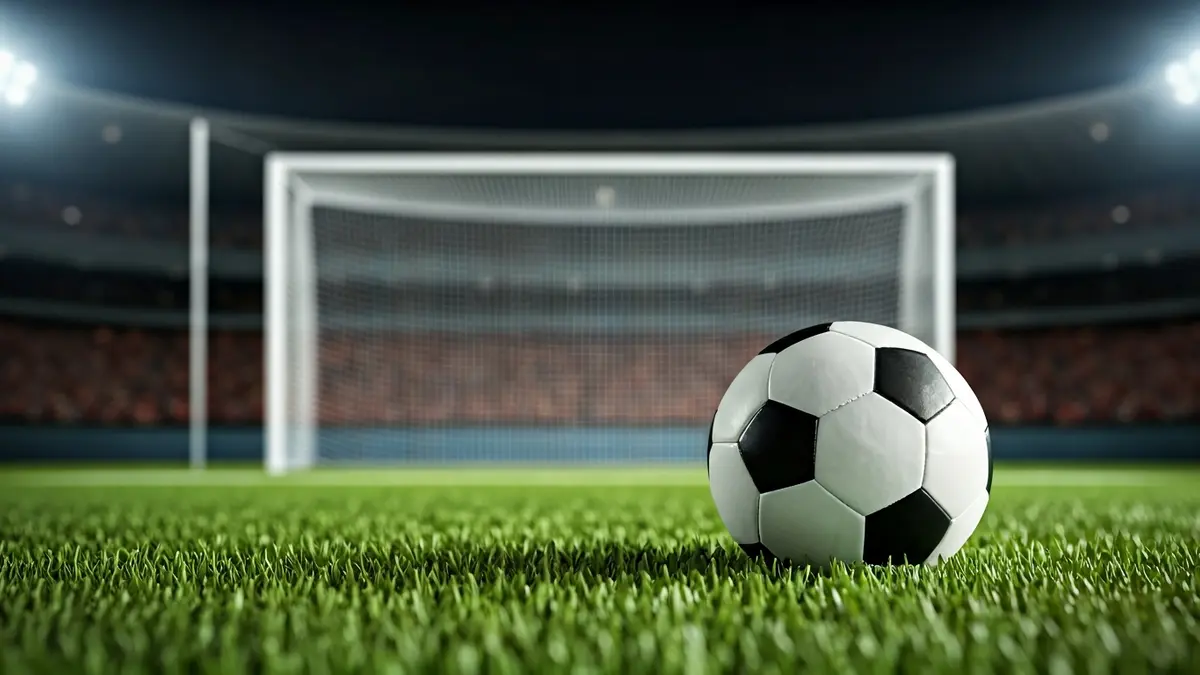 Generic image of a soccer ball on a green field, with a blurred goal in the background.
