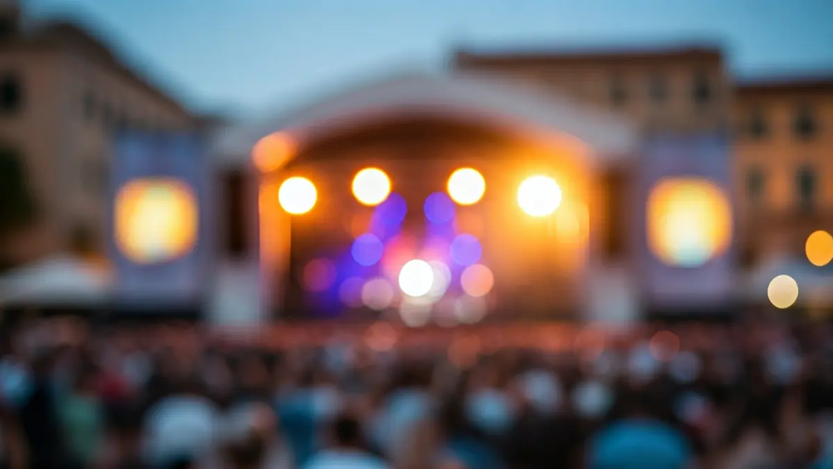 Image of a festival stage with lights and a crowd, capturing the atmosphere of live music.