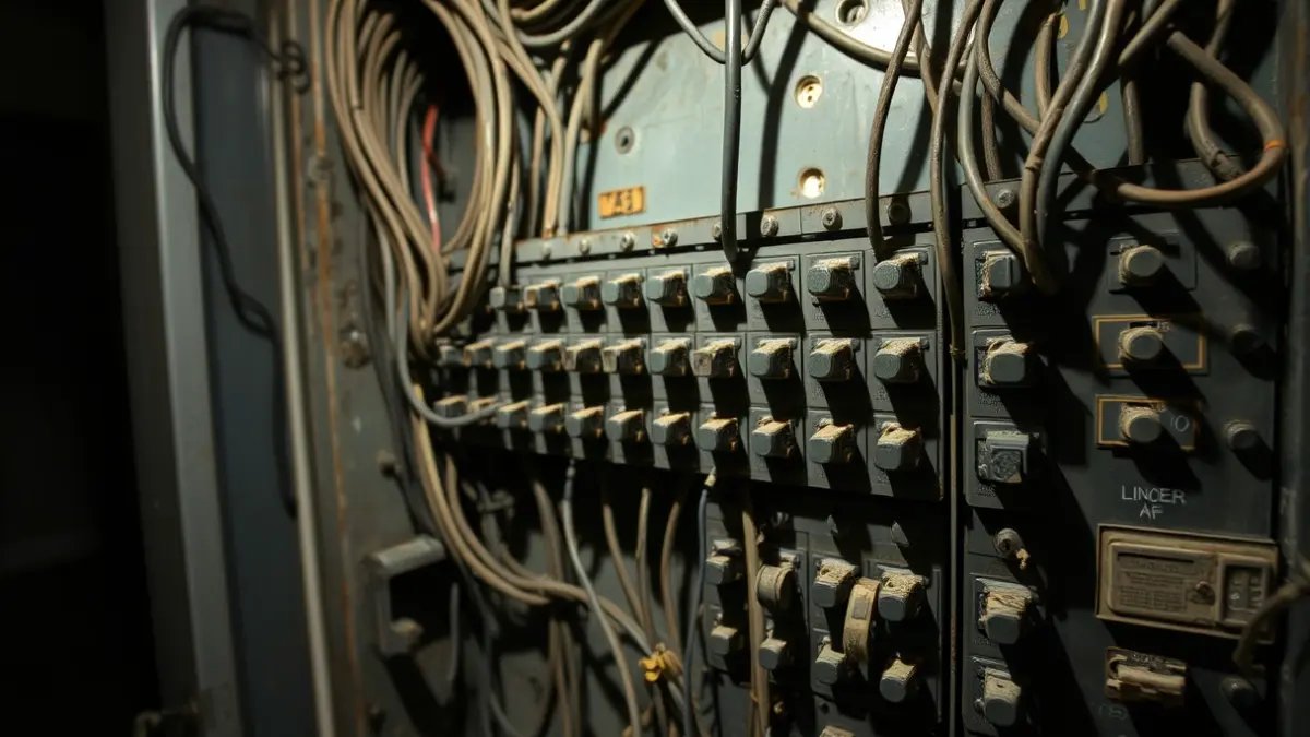 Image of an obsolete electrical panel in an educational center, with wires and switches, showing signs of wear and potential hazard.