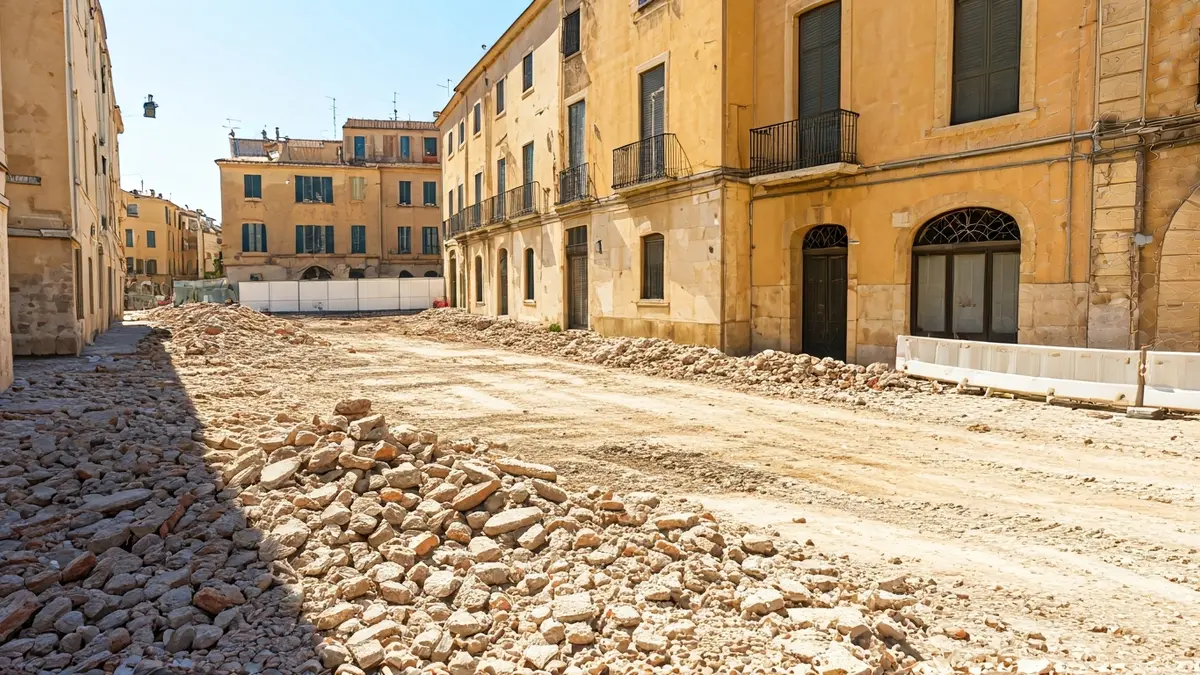Imagen de una demolición en el centro de una ciudad mediterránea, con escombros y vallas de construcción.