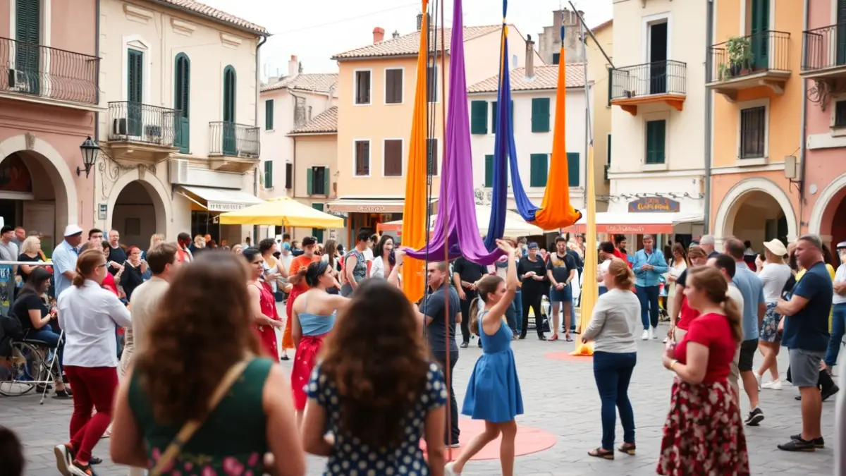 Imatge genèrica d'un festival de circ a l'aire lliure en una plaça mediterrània, amb activitats i espectacles.
