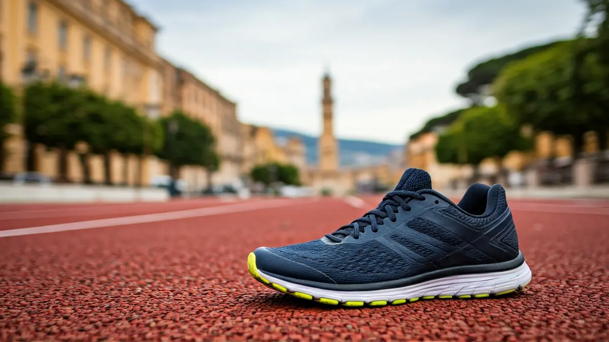 Generic image of a running shoe on an athletic track with a blurred urban background.