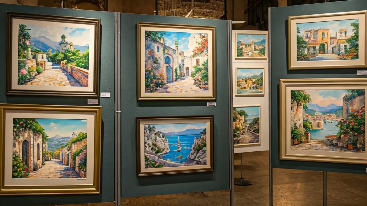 Image of an art exhibition with Mediterranean themes.