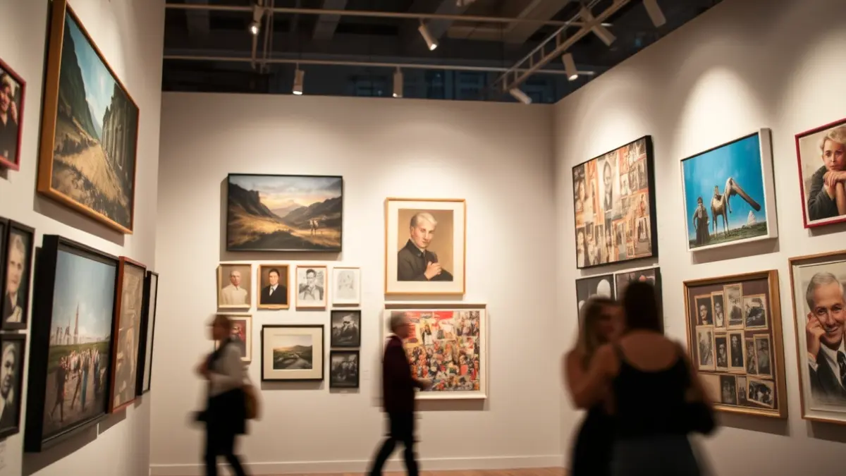 Generic image of an art exhibition with various artworks and visitors.