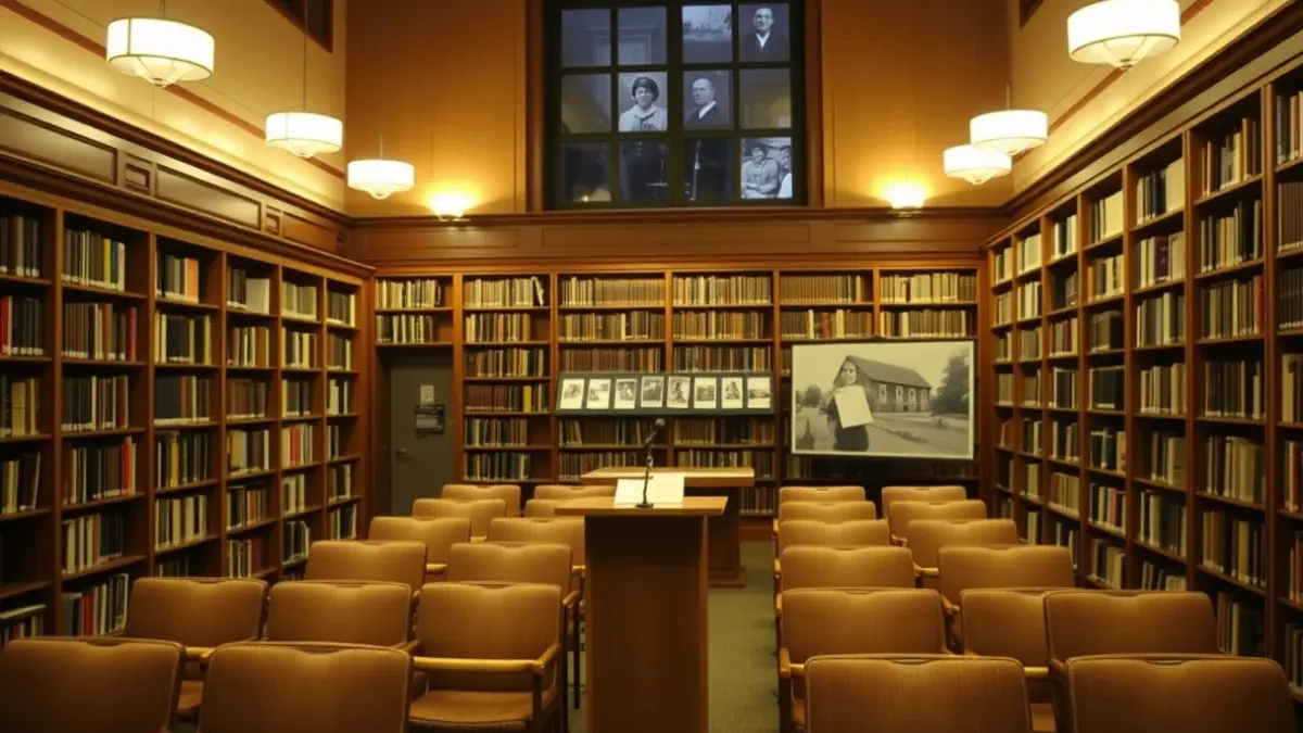 Imatge d'una exposició sobre l'exili republicà en una biblioteca, amb panells gràfics i documentació històrica.