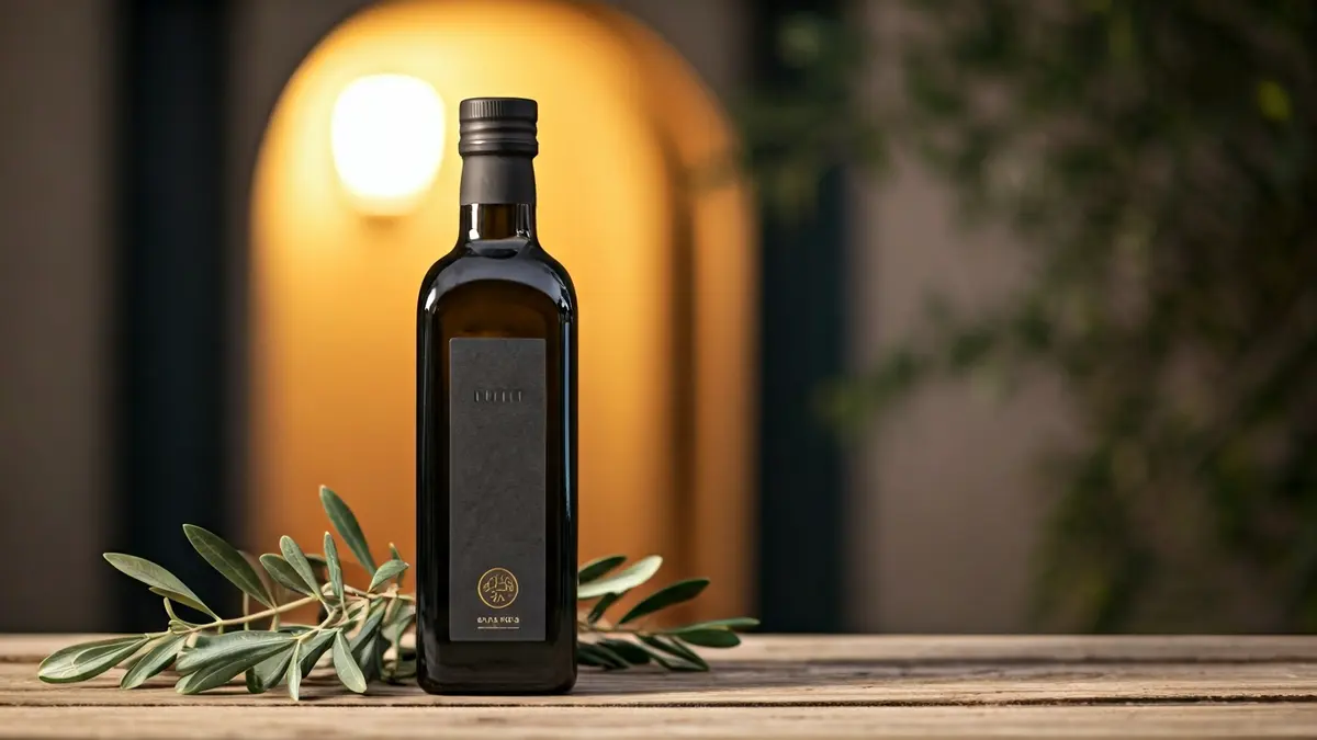 Imatge genèrica d'una ampolla d'oli d'oliva fosc sobre una taula de fusta.