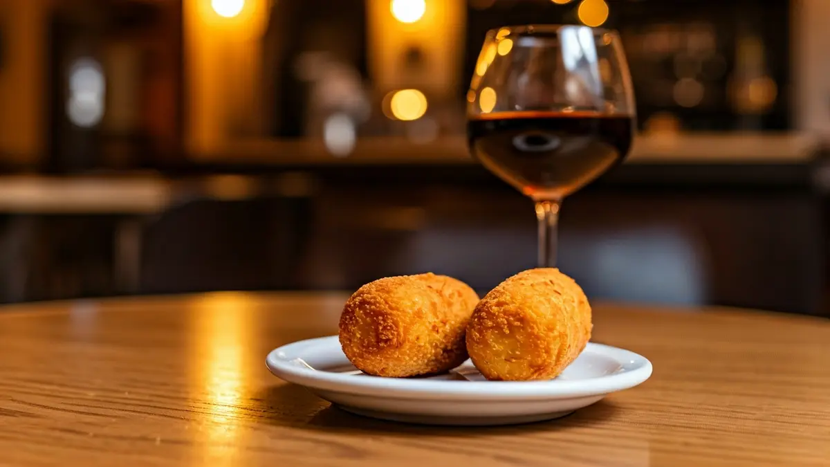 Generic image of two golden croquettes on a plate with a drink, in a Mediterranean bar setting.