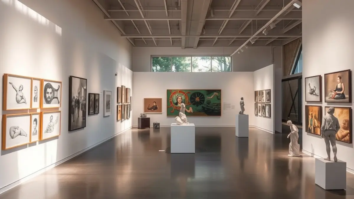 Generic image of a modern art exhibition hall with various artworks and natural light.