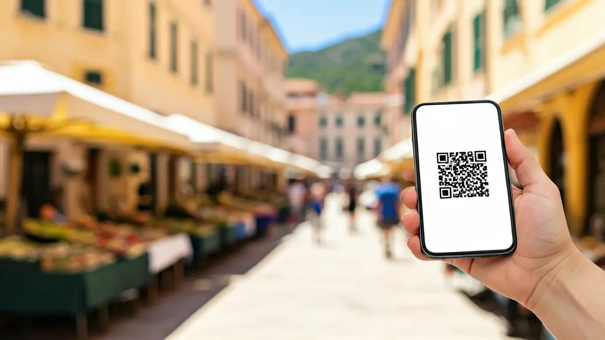 Generic image of a hand holding a smartphone with a QR code, with a blurred background of a street market.