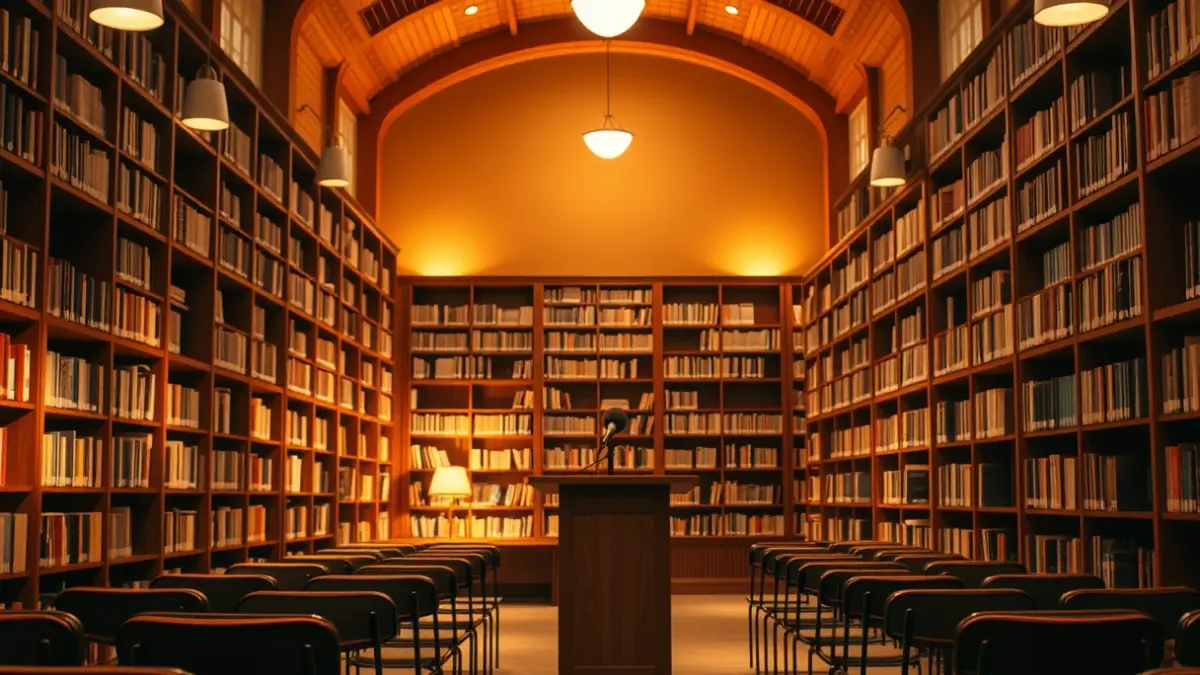 Imatge genèrica de l'interior d'una biblioteca amb prestatgeries de fusta i un faristol amb micròfon.