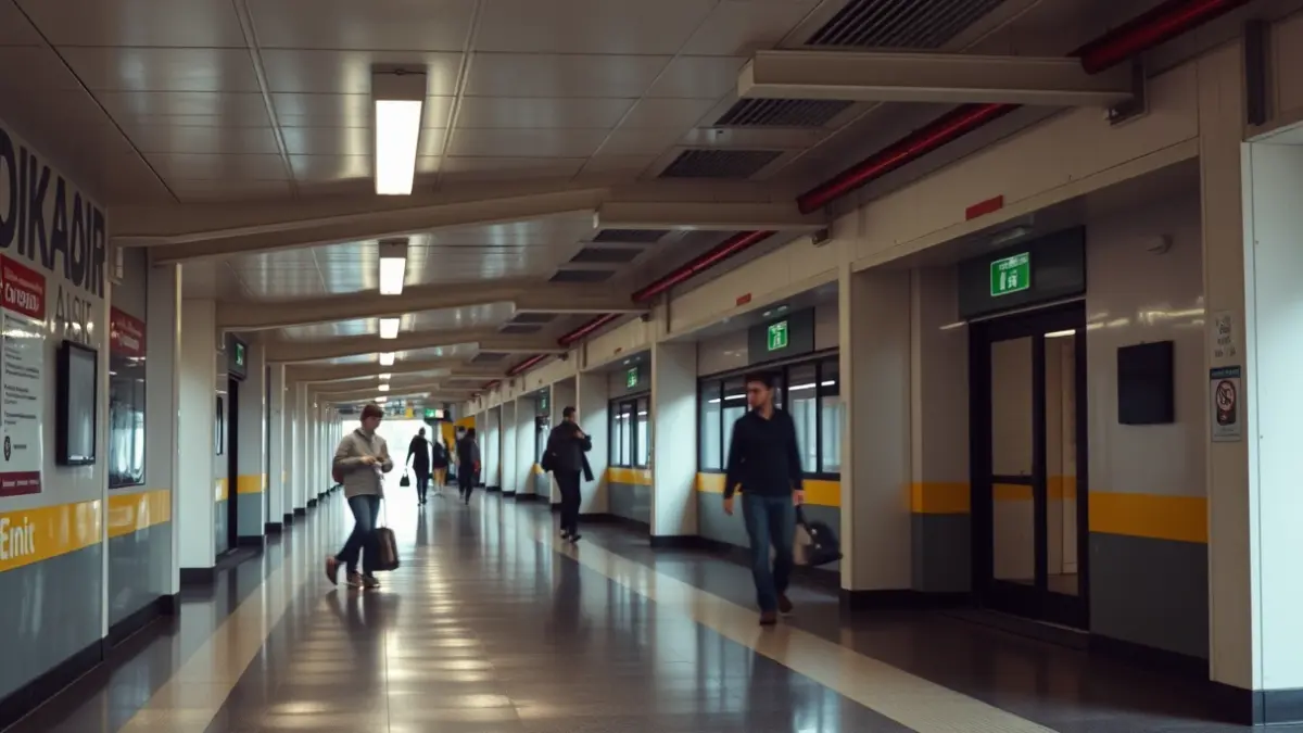 Imagen de una estación de autobuses limpia y repintada, con paredes sin grafitis y algunos viajeros borrosos.