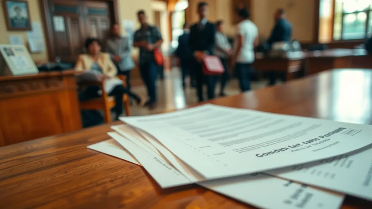 Imatge genèrica de documents oficials en una taula, amb persones esperant en una oficina governamental.
