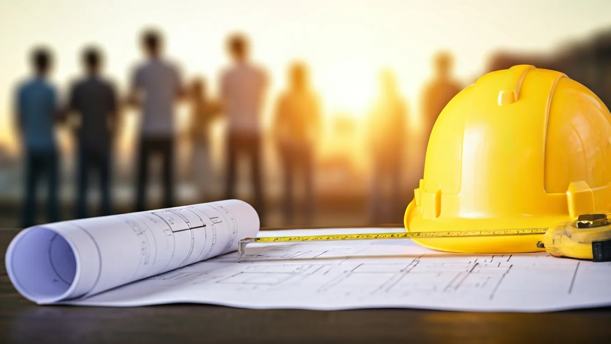 Imatge genèrica d'un plànol de construcció amb un casc de seguretat i una cinta mètrica, amb una ciutat borrosa al fons.