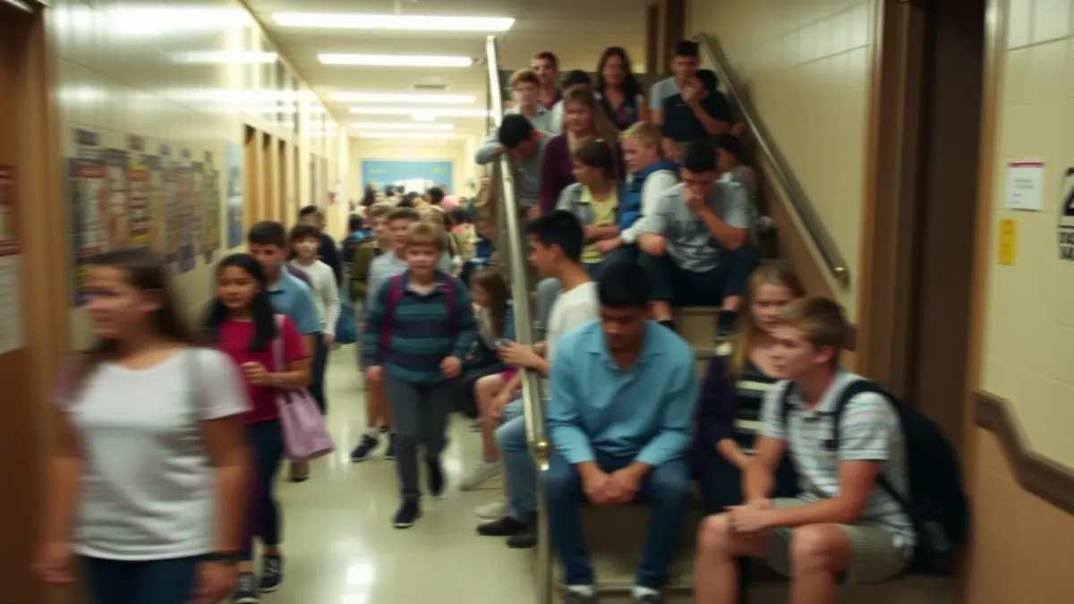 Imagen genérica de un pasillo escolar con alumnos, algunos sentados en escaleras, sugiriendo falta de espacio.