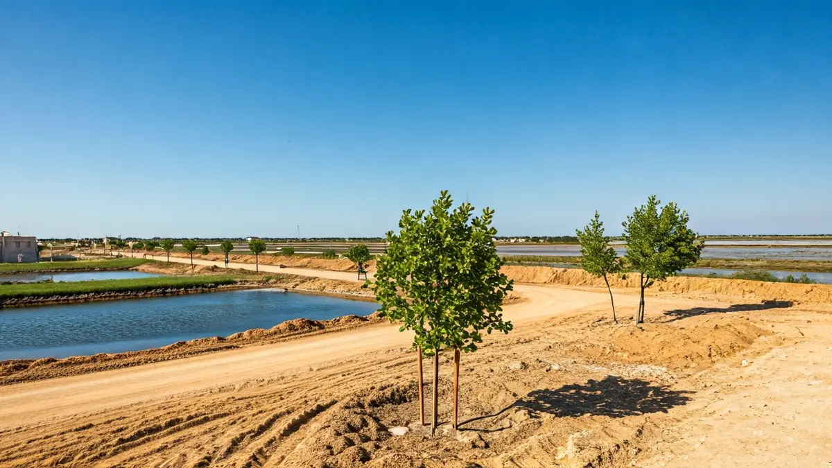 Image of a camping construction site near salt flats, with partially built bungalows and planted trees, but without a complete green screen on the east side.