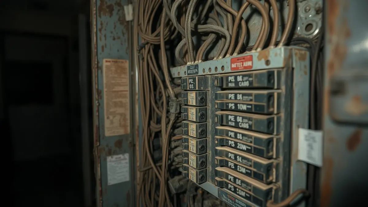 Imagen genérica de un cuadro eléctrico antiguo y polvoriento con cables e interruptores, sugiriendo falta de mantenimiento.