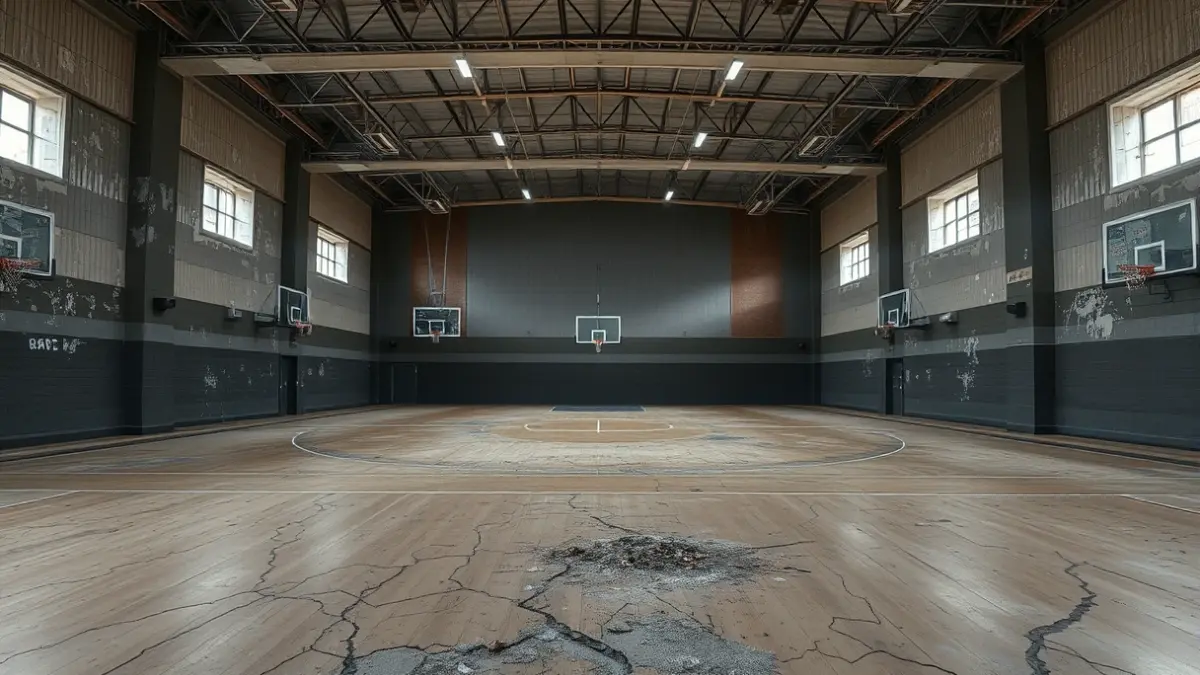 Imatge d'un pavelló esportiu en mal estat, amb desperfectes visibles i il·luminació tènue.