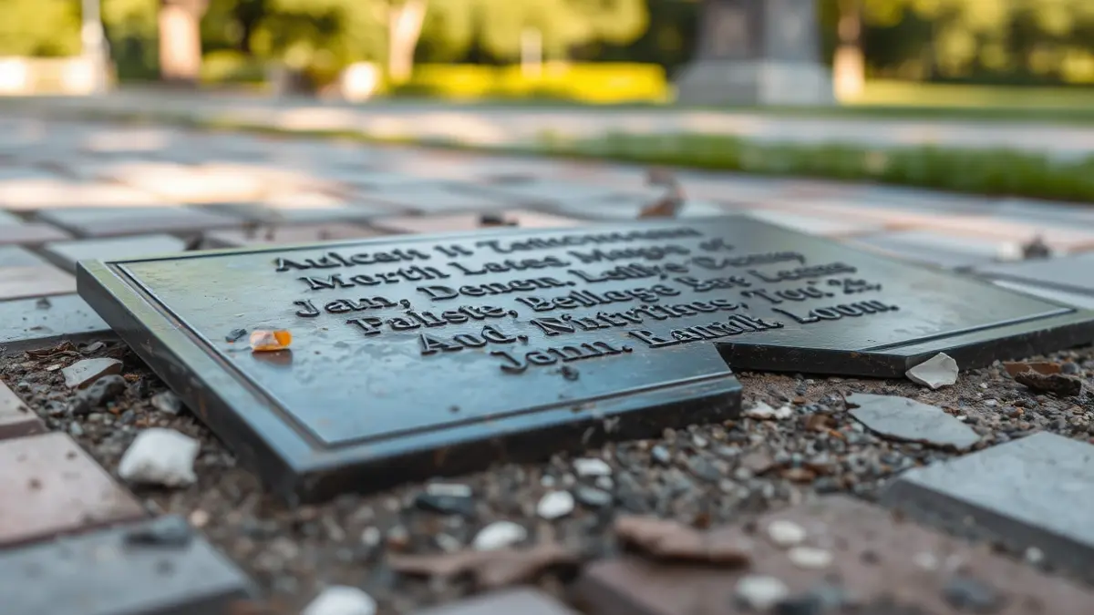 Image of a damaged commemorative plaque on the ground, with broken tiles and scattered debris in a park.