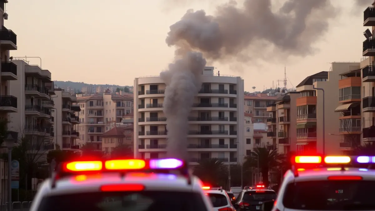 Imagen de una columna de humo saliendo de un edificio en una ciudad mediterránea, con luces de emergencia desenfocadas.