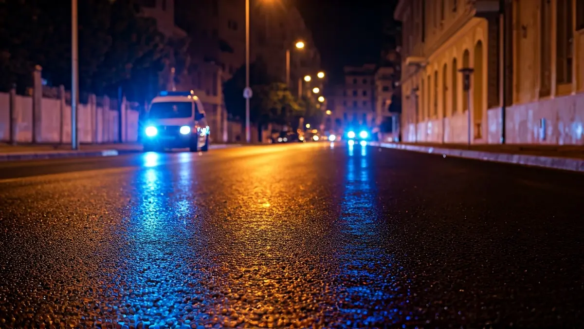 Imatge genèrica de llums d'emergència reflectint-se sobre asfalt mullat.