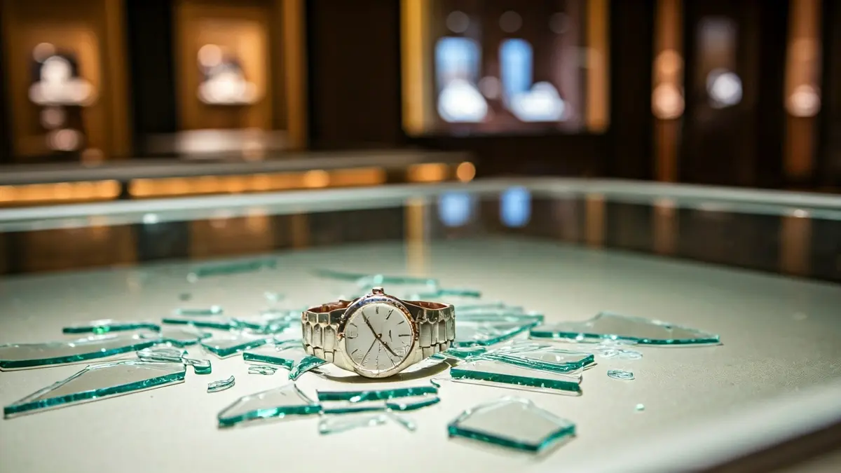 Image of a broken jewelry display case with scattered glass and luxury watches.
