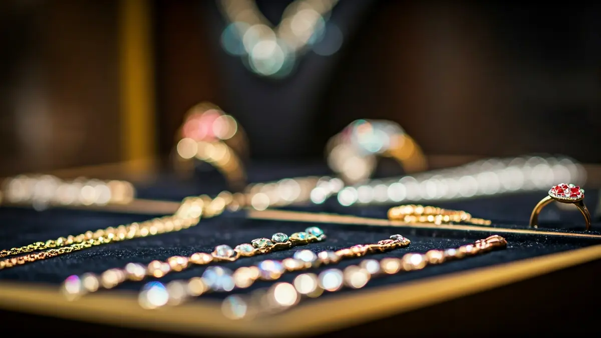 Generic image of jewelry in a display case, with sparkling rings and necklaces on a dark velvet cloth.