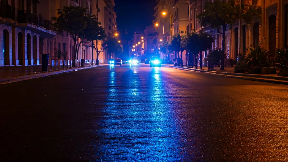 Imatge genèrica de llums d'emergència reflectint-se en l'asfalt mullat de nit.