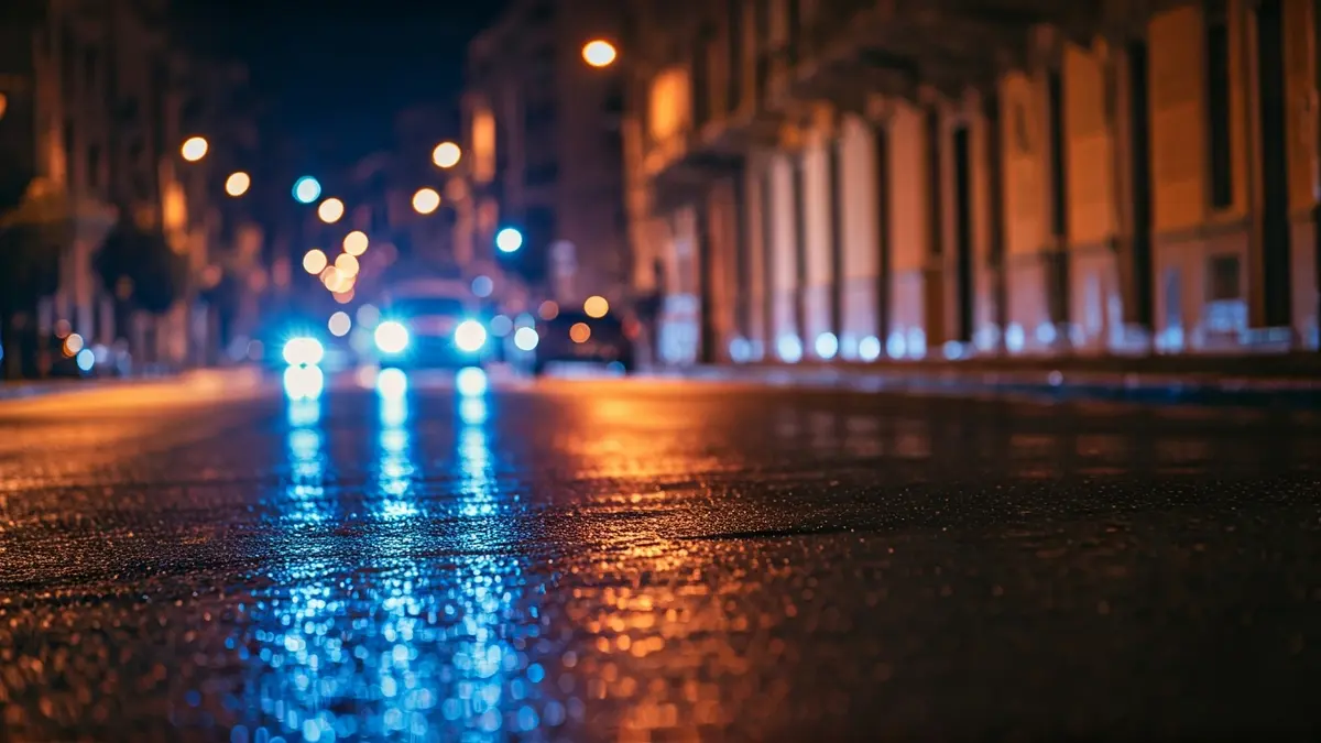Imatge genèrica de llums d'emergència reflectint-se sobre asfalt mullat de nit.