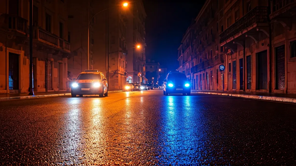 Imagen genérica de luces de emergencia reflejándose sobre el asfalto mojado de noche.