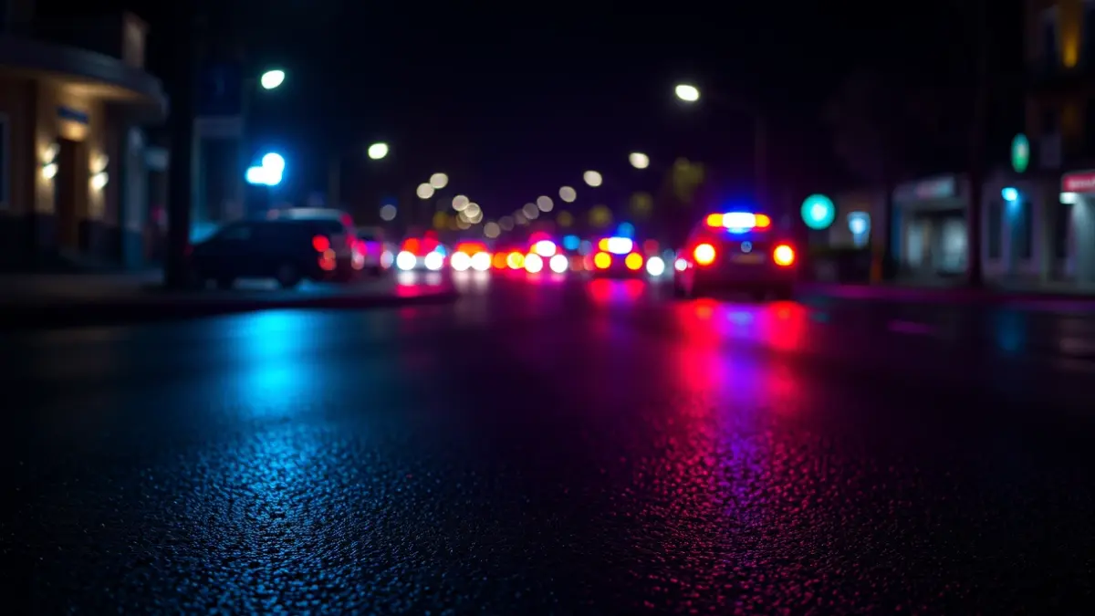 Imatge genèrica de llums d'emergència reflectint-se en l'asfalt mullat de nit.