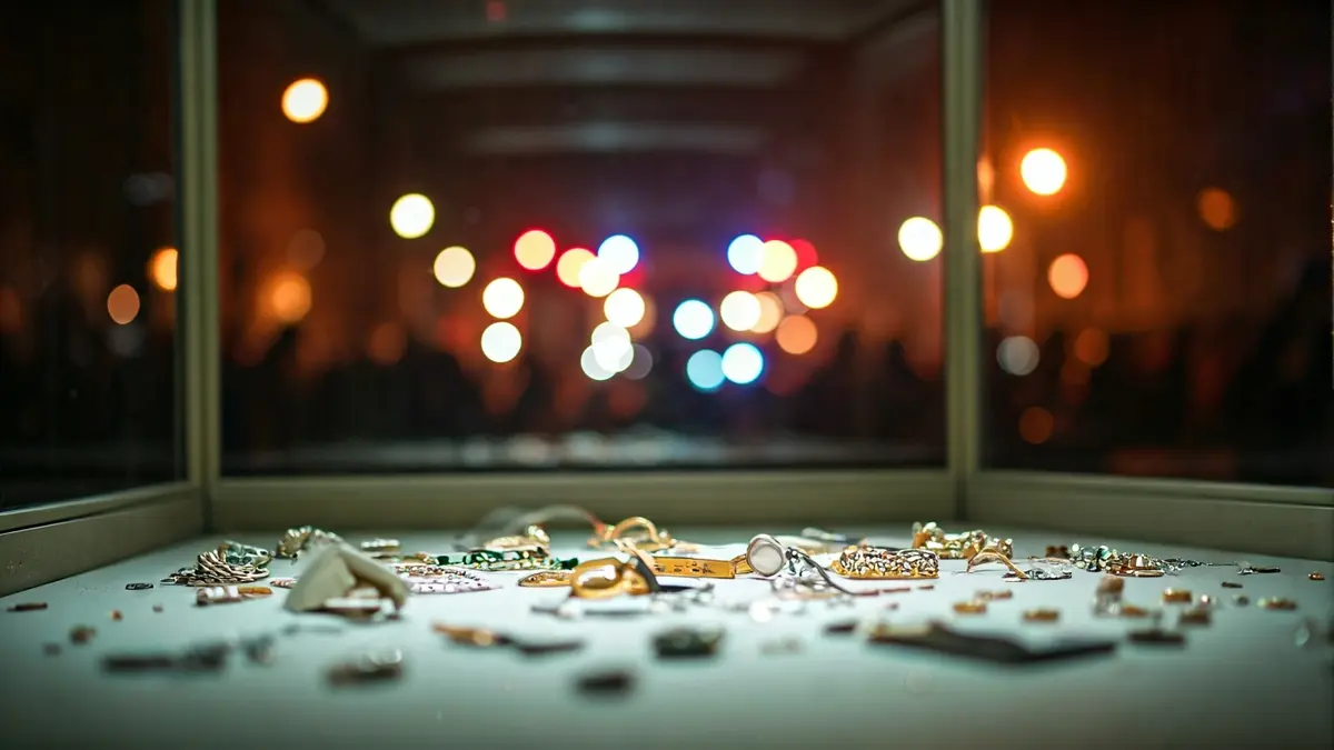 Image of a broken jewelry display case with scattered jewels.