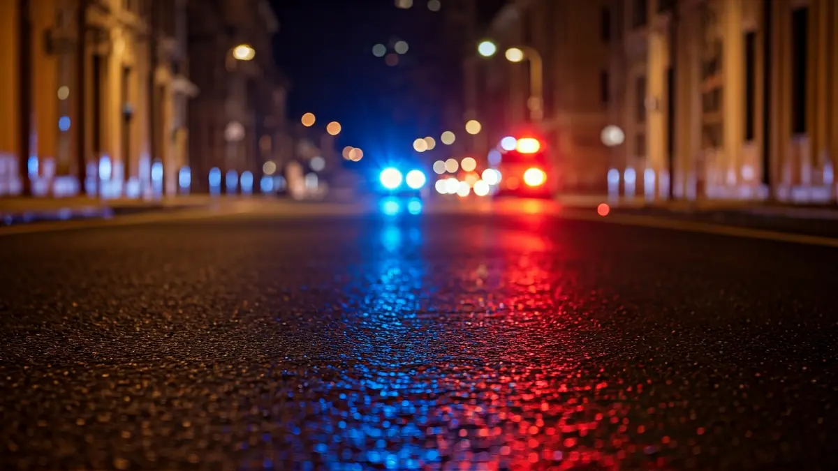 Generic image of emergency lights reflected on wet asphalt at night.