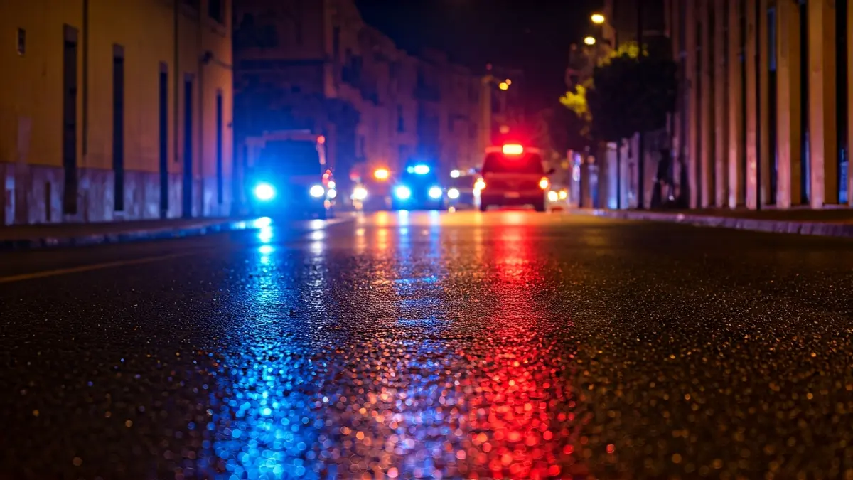 Generic image of emergency lights reflecting on wet asphalt at night.