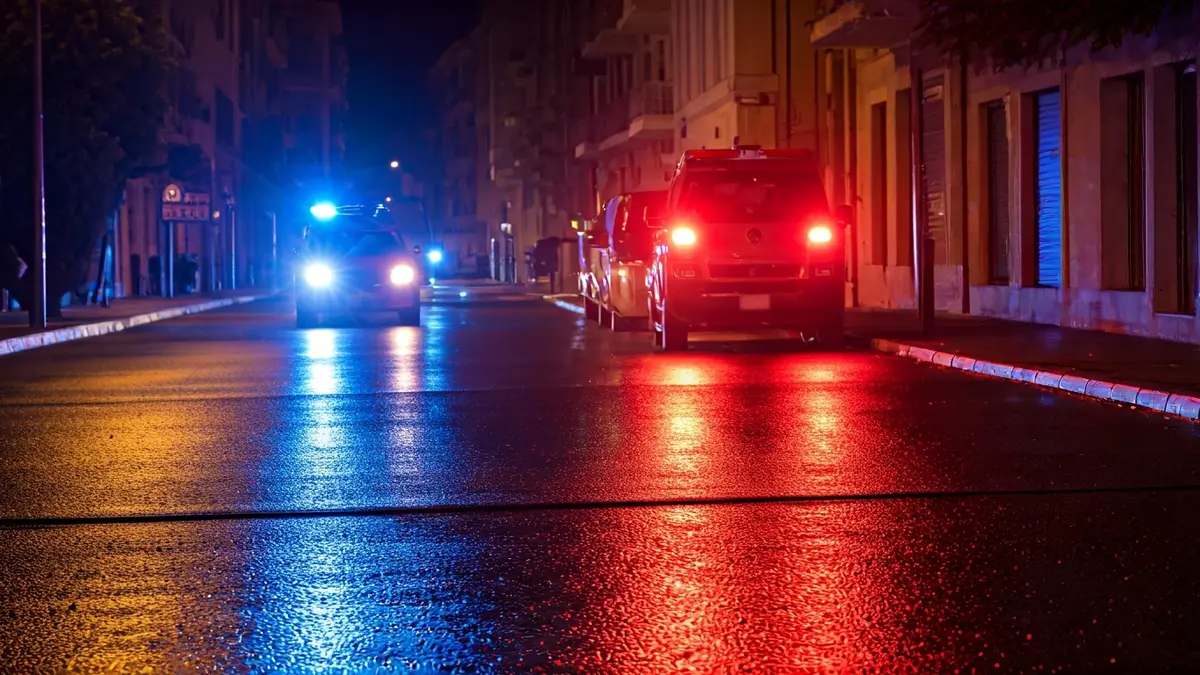 Imatge genèrica de llums d'emergència reflectint-se sobre asfalt mullat de nit.