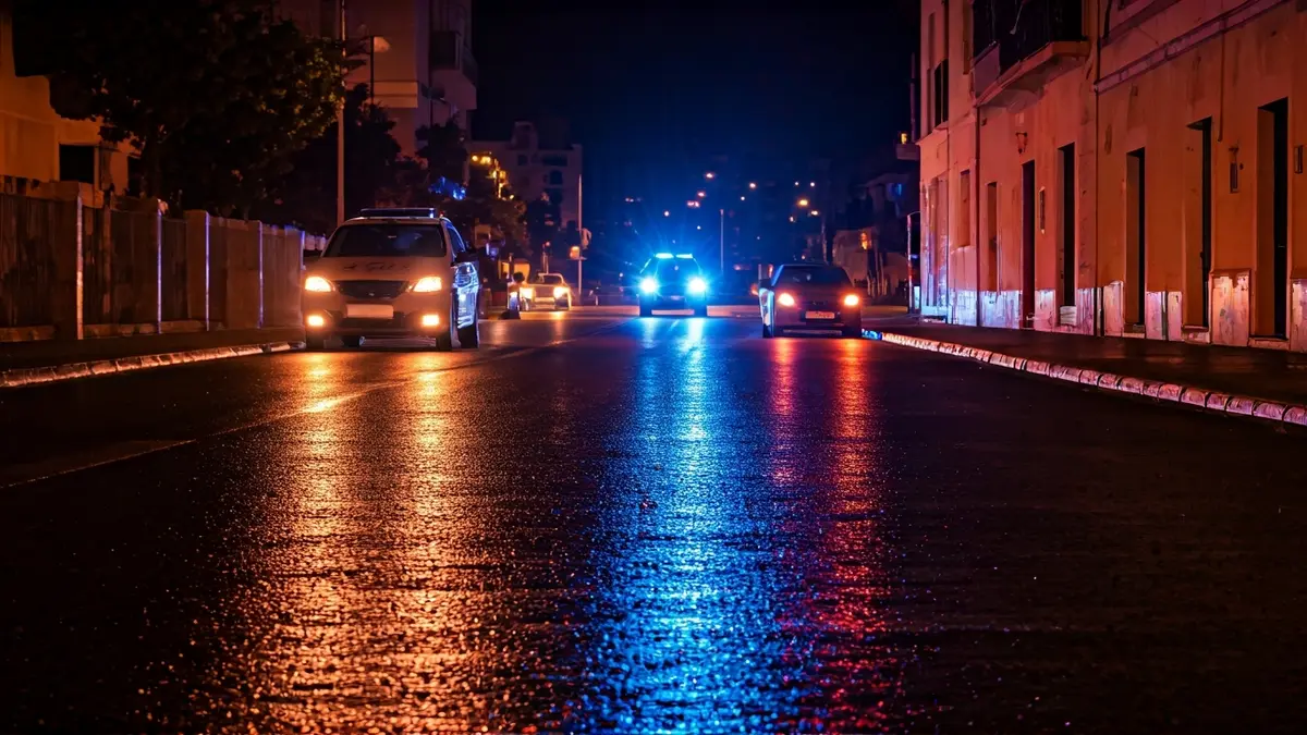 Generic image of emergency lights reflecting on wet asphalt at night.
