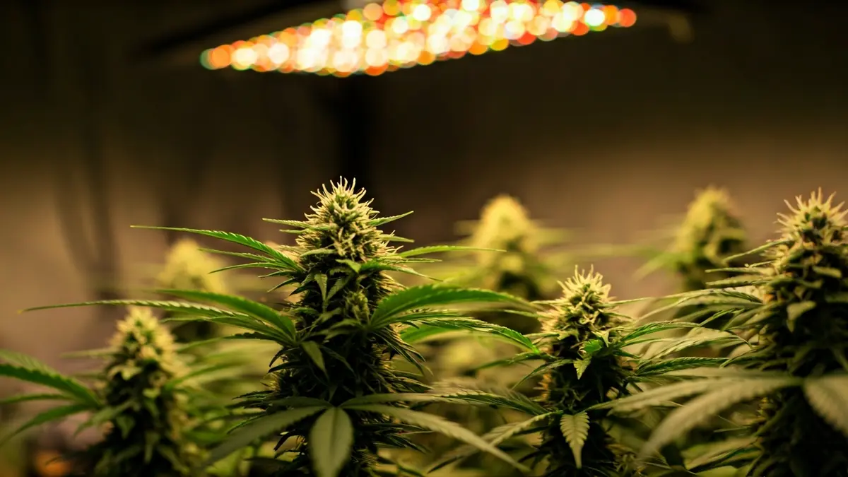 Generic image of an indoor marijuana plantation with grow lights.