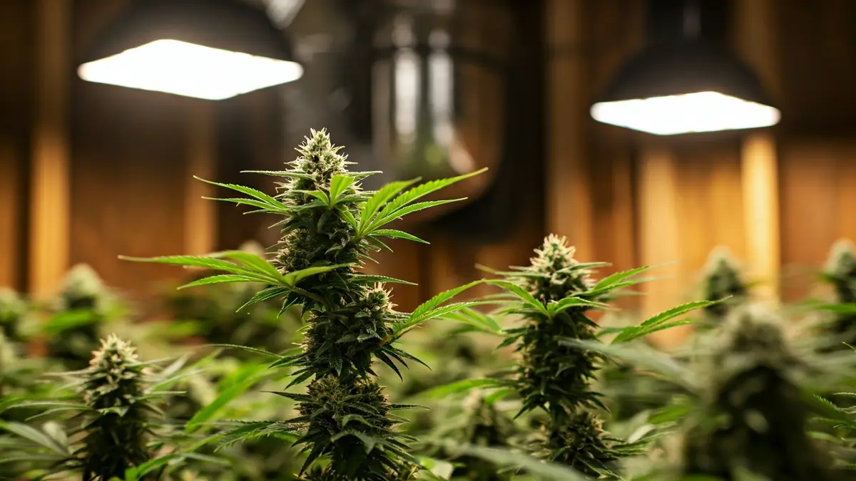 Imatge d'una plantació de marihuana en interior amb llums de cultiu.