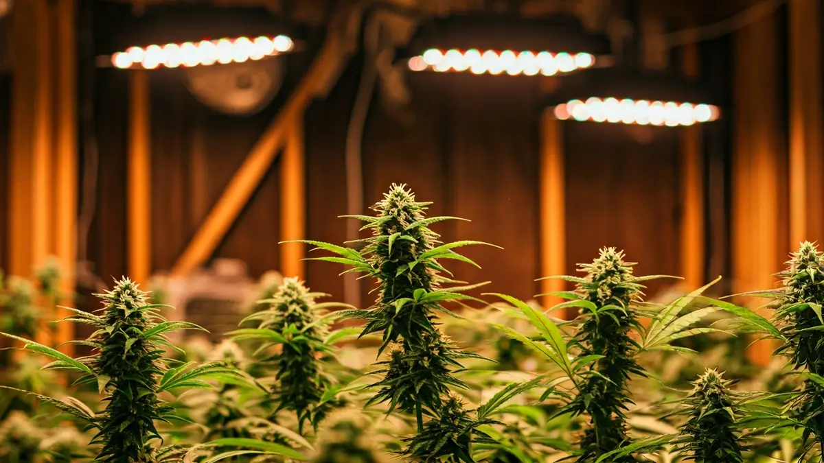 Imatge d'una plantació interior de marihuana amb llums de cultiu i sistemes de ventilació.