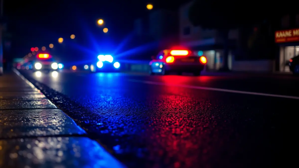 Imatge genèrica de llums d'emergència reflectint-se en l'asfalt mullat de nit.