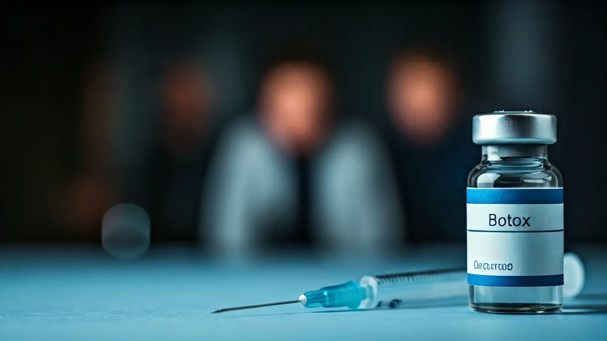 Image of a Botox vial and a syringe, on a sterile blue surface, with blurred background elements suggesting a clandestine operation.