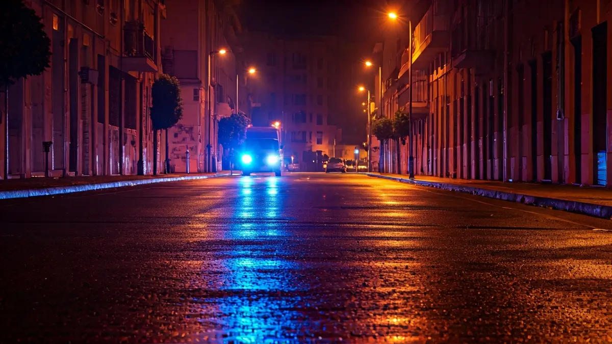 Imatge genèrica de llums d'emergència reflectint-se sobre asfalt mullat de nit.