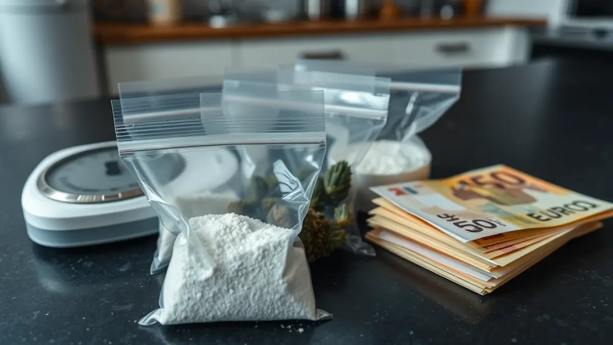 Generic image of confiscated drugs, money, and a precision scale.